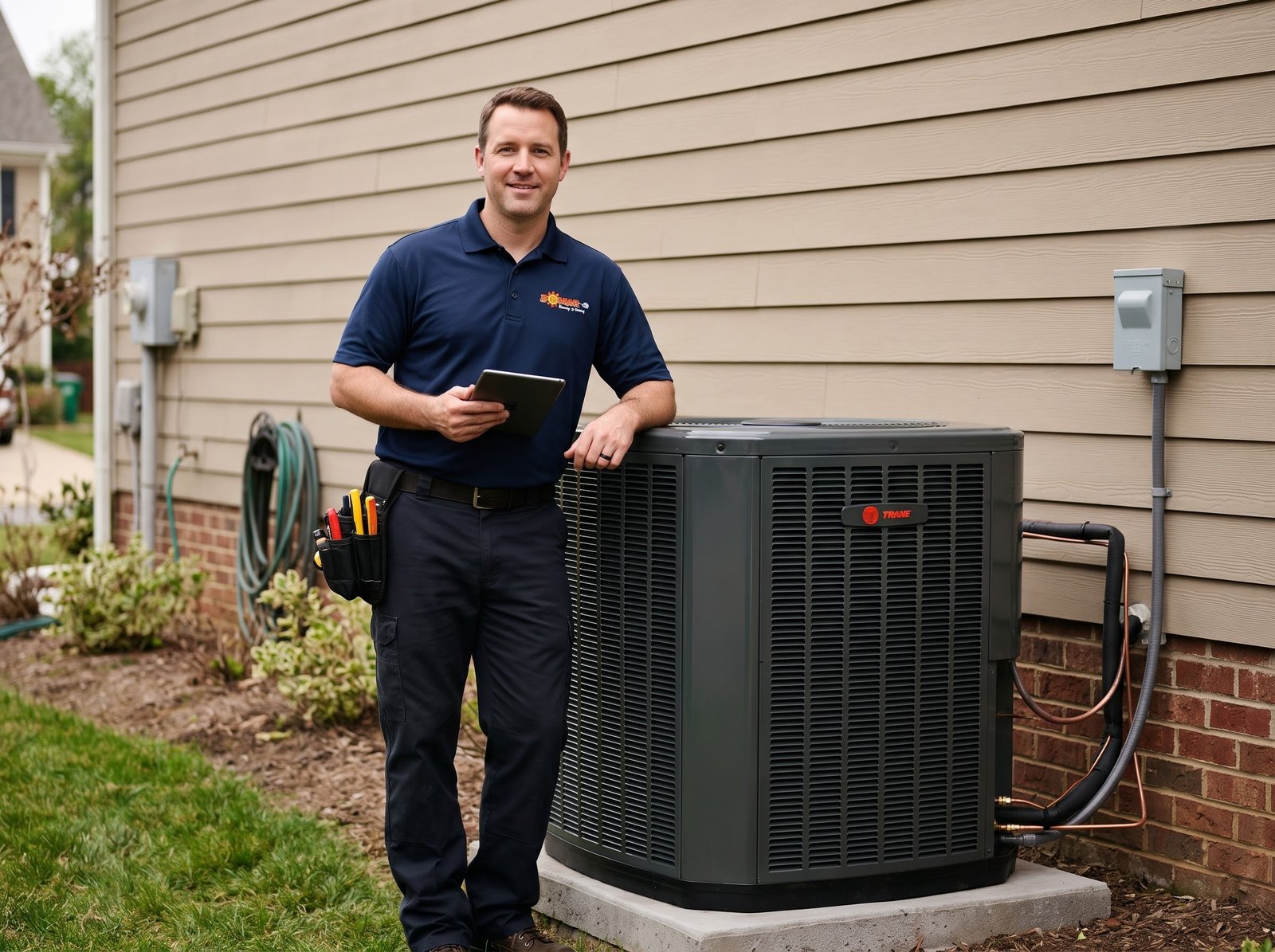 Person wearing a Bomar Heating and Cooling shirt beside an outdoor Trane air conditioner