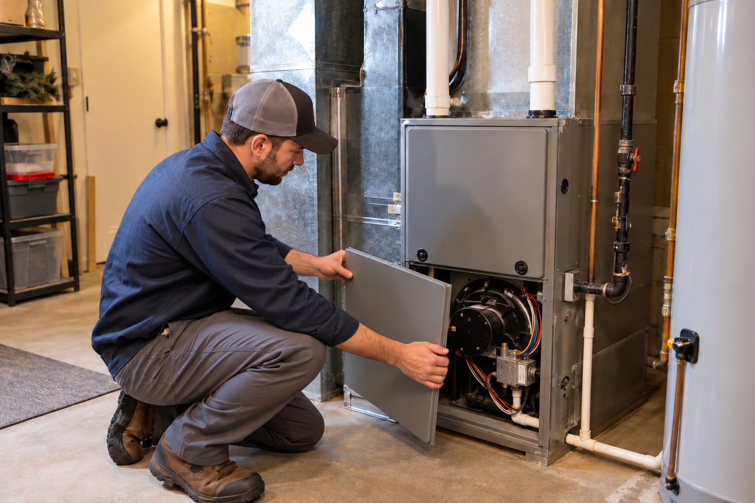 Technician removing the access panel from a residential furnace